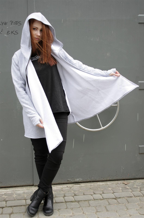 Bluza lużna damska na zamek , bluza kopertowa z kapturem jasnoszara bawełniana, długa bluza , płaszcz z dzianiny