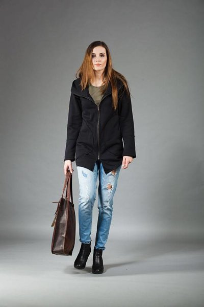 Kurtka z kapturem, Kurtka damska, Odzież Plus Size, Bawełniana, Kurtka z długim rękawem, Bluza na zamek, Rękodzieło