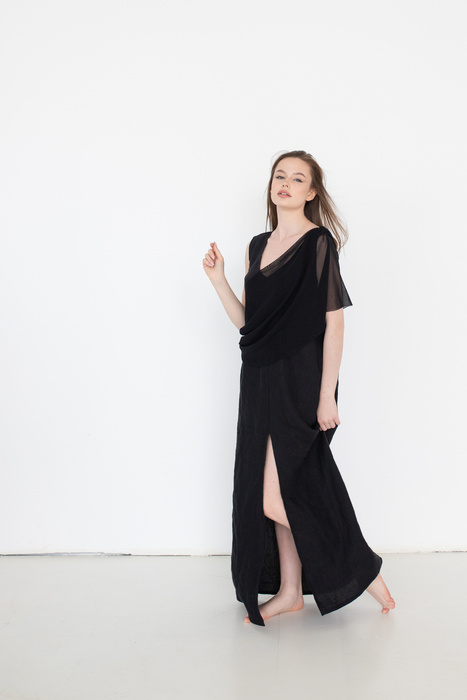 Sukienka lniana elegancka z tiulem, len polski, polska produkcja manufaktura, długa lniana sukienka czarna, czarny len , polski produkt