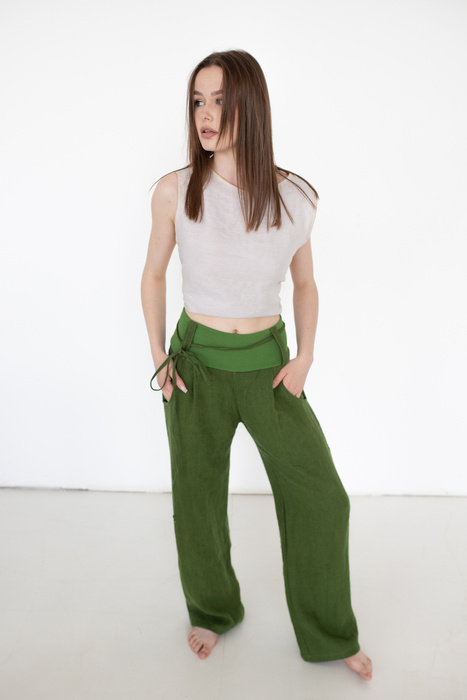 Spodnie z lnu zielone spodnie z polskiego lnu, polski produkt, manufaktura , szerokie spodnie lniane