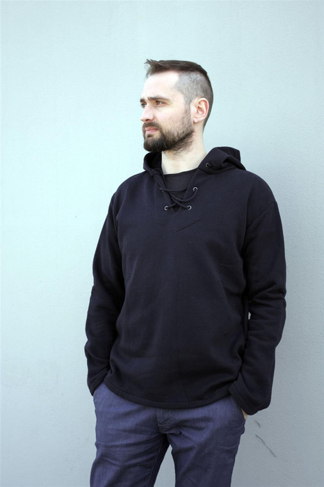 Bluza męska bawełniana z kapturem i wiązaniem pod szyją , luźna bluza męska czarna duże rozmiary