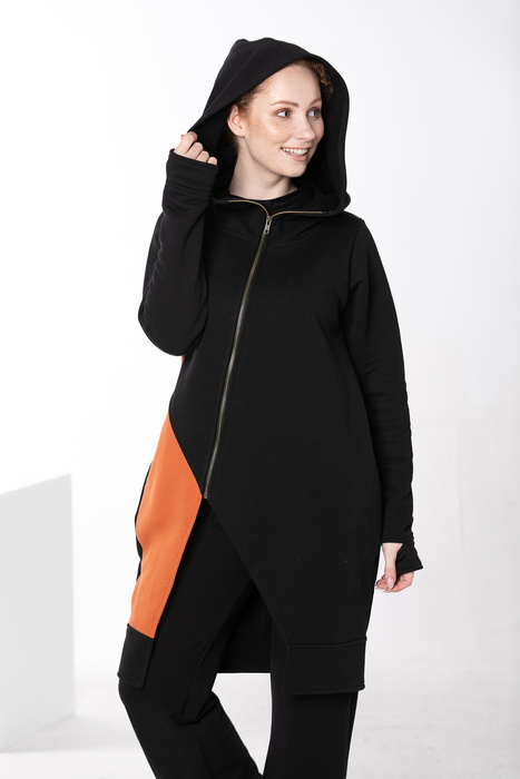 Bluza płaszczyk z dużym kapturem, płaszczobluza damska czarna , kolorowa bluza damska polski projektant, długa bluza z dzianiny