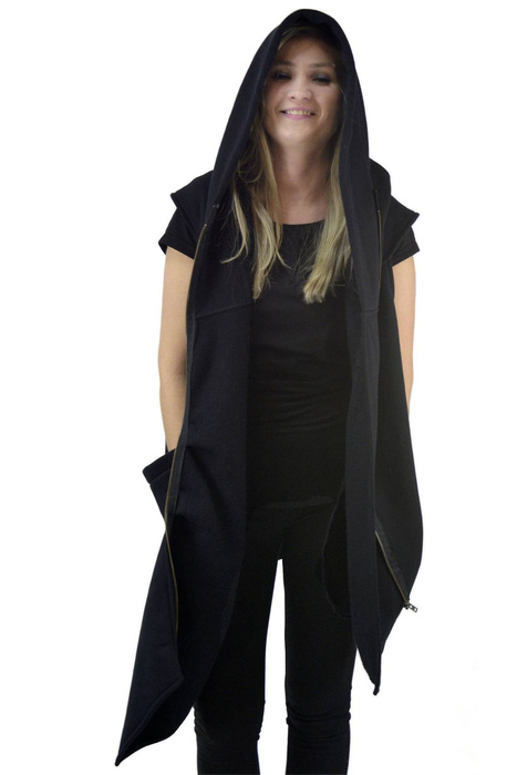 Bezrękawnik kamizelka z dzianiny luźna z kieszeniami i dużym kapturem, bluza damska bez rękawów