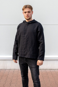 Tunika męska lniana, bluza czarna lniana, męska koszula z kapturem 