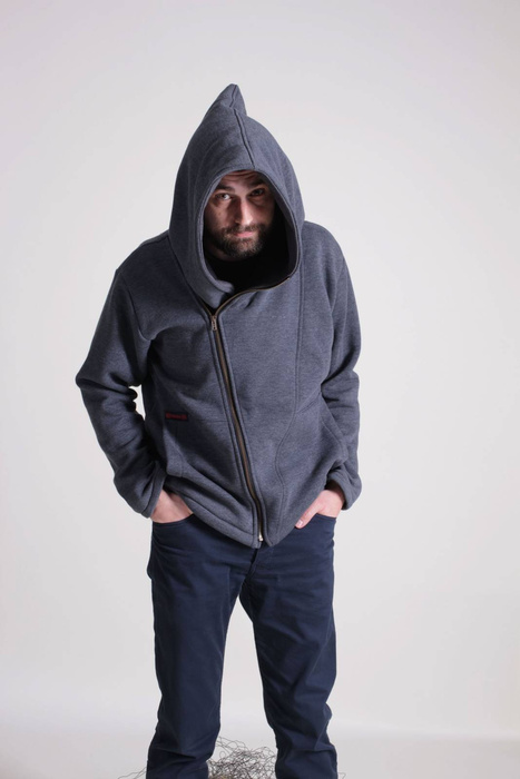 Bluza męska szara na zamek, kangurek męski z dużym kapturem, cyber kaptur, bluza męska krótka