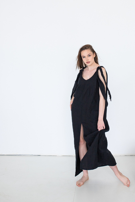 Sukienka lniana regulowane ramiączka czarna len polski , długa czarna lużna sukienka lniana luźna