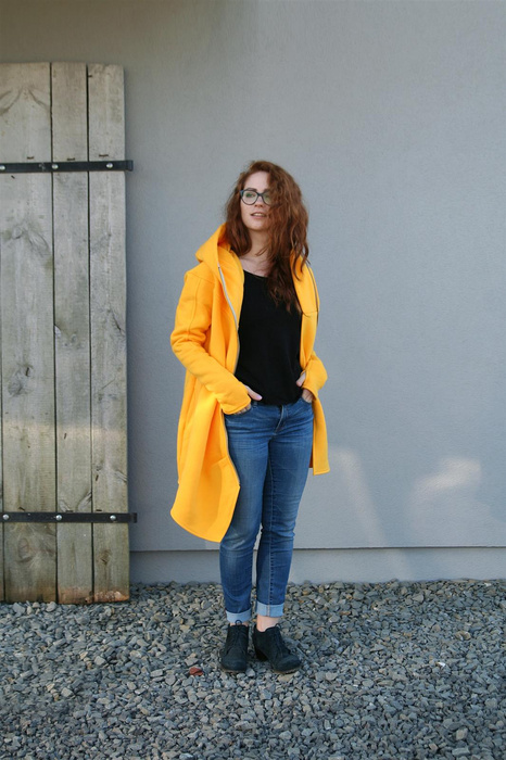 Żółta bluza bawełniana długa luźna z kieszeniami, płaszcz asymetryczny Polska bawełna, Handmade