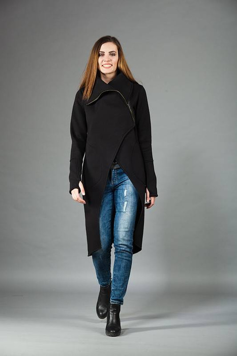 Płaszcz ze stójką, Hand made projekty, Polska marka, długa czarna bluza