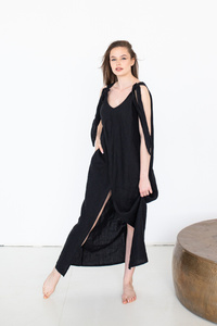 Sukienka lniana regulowane ramiączka czarna len polski , długa czarna lużna sukienka lniana luźna