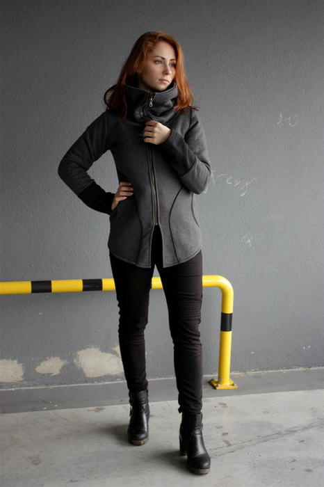 Bluza damska z wysokim kołnierzem, stójką, szara długa bluza , bluza z dużymi kieszeniami, bawełniana bluza damska