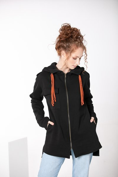 Koszula bluza z kapturem czarna bawełniana,  bluza  na zamek z kapturem , kieszenie czarna dzianina polska , polski produkt