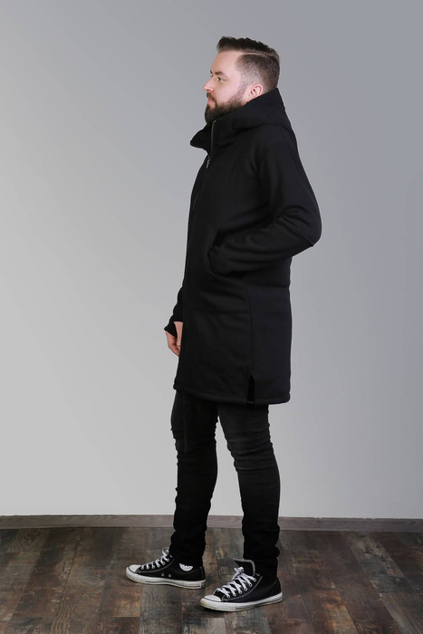 Bluza czarna męska z kapturem długa, Płaszcz męski na zamek