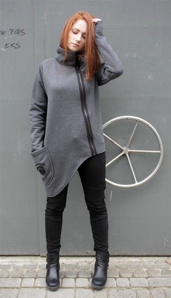 Bluza , marynarka damska,  Szara bluza na zamek asymetryczny krój, Polska bawełna,