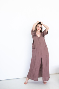 Sukienka lniana długa  polski len miękki, długa szlafrokowa sukienka z lnu, brązowa sukienka z kieszeniami sukienka lniana