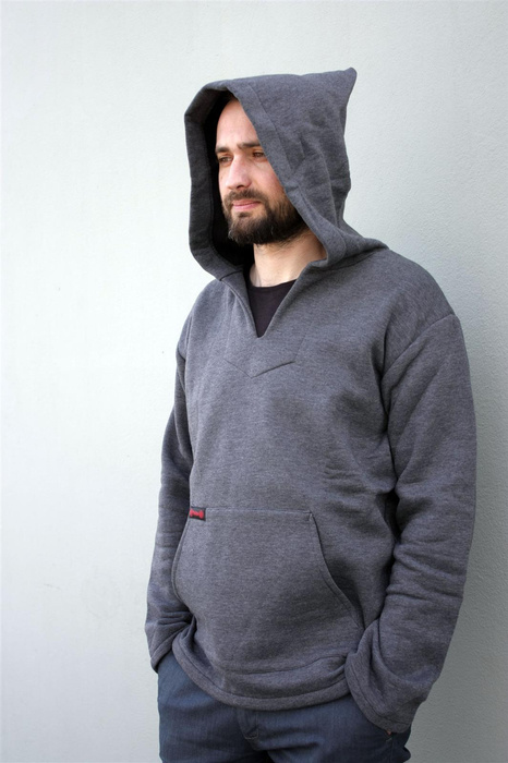 Bluza męska typu kangur, wielki obszerny cyber kaptur, męska szara bluza