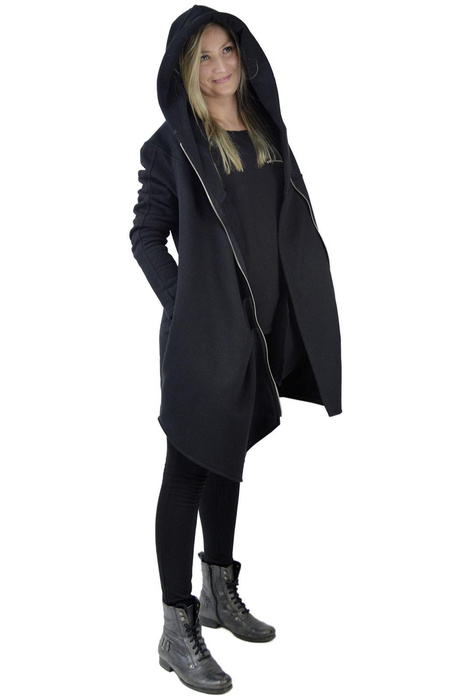 Bluza z kapturem, Szyta na twoja miarę, bluza płaszcz czarny asymetryczny , gotyk styl, długa bluza z kapturem damska Polska bawełna