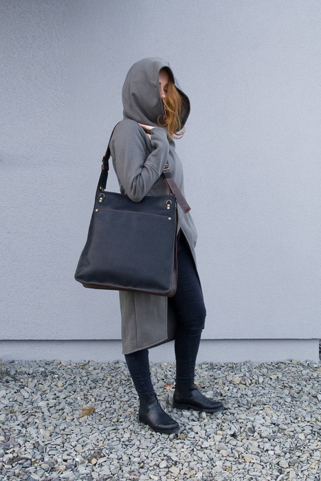 Torba skórzana, czarna duża torba skórzana, torebka aktówka, worek skórzany handmade, ręcznie robiona torba