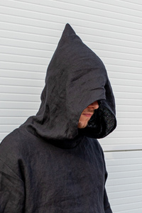 Tunika męska lniana, bluza czarna lniana, męska koszula z kapturem 