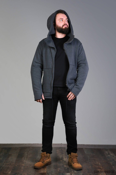 Bluza grafitowa męska z kapturem asymetryczna , długa bluza szara męska polski produkt, polski projektant