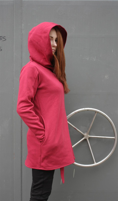 Bluza bordowa długa z krótkim asymetrycznym zamkiem, długa bluza z kapturem i kieszeniami , asymetryczny krój