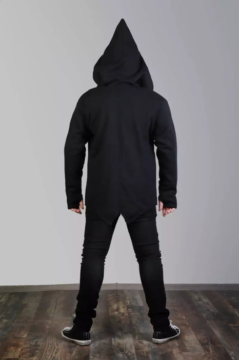 Bluza czarna męska z kapturem asymetryczna bawełniana, długa bluza na zamek męska , czarna bluza męska z kapturem w szpic , duże rozmiary, polski produkt, polski projektant