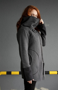 Bluza damska ze stójką, duże kieszenie długa szara , Hand made, Unikalne projkety, 