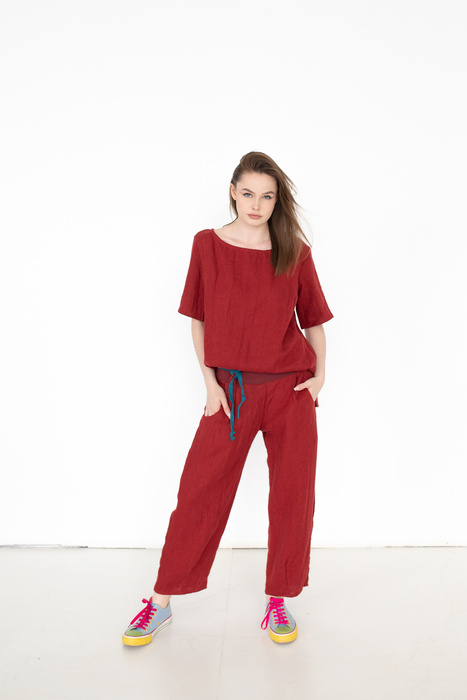 koszulka bluzka lniana ,bordowa tunika lniana , 100% len miękki, polska marka, polski projektant