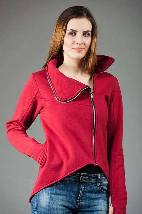 Bluza asymetryczna, Bluza damska bordowa, marynarka damska ze stójką Bluza bawełniana