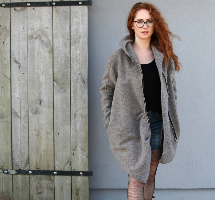 Płaszcz wełniany, Płaszcz z kapturem, Odzież Plus Size, Płaszcz asymetryczny, Odzież wełniana, Szary płaszcz, Płaszcz z kapturem, Płaszcz zimowy