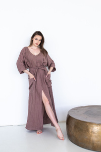 Sukienka lniana długa  polski len miękki, długa szlafrokowa sukienka z lnu, brązowa sukienka z kieszeniami sukienka lniana