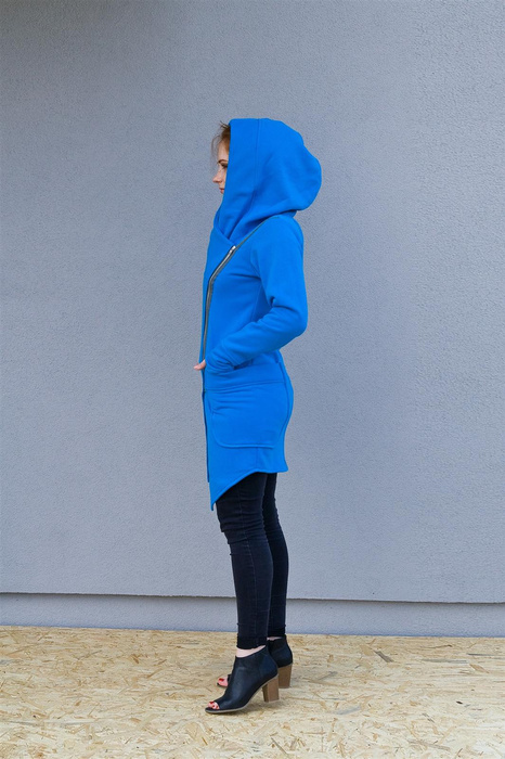 Bluza niebieska , asymetryczna bluza długa z kieszeniami i kapturem
