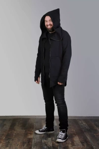 Bluza czarna męska z kapturem asymetryczna bawełniana, długa bluza na zamek męska , czarna bluza męska z kapturem w szpic , duże rozmiary, polski produkt, polski projektant