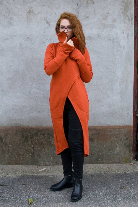 Płaszcz długi, trencz, bluza ze stójką , pomarańczowa bluza asymetryczna .