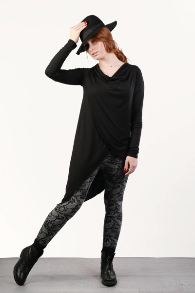 Tunika , czarna asymetryczna, długa kopertowa tunika