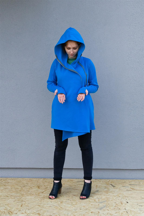 Bluza niebieska kopertowa damska, długa na zamek bluza asymetryczna, duży kaptur i kieszenie
