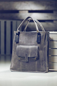 Torba skórzana, torba shopperka, szara duża torba handmade, damska aktówka