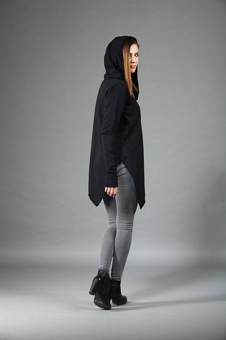 Tunika Asymetryczna, bluza z kapturem, czarna damska bluza