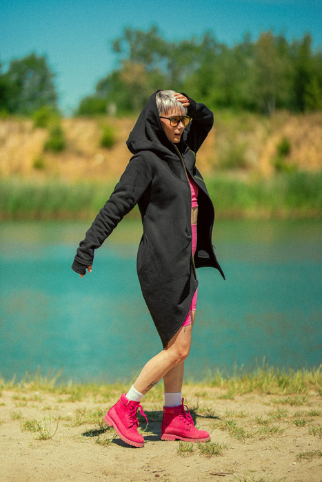 Asymetryczna bluza z kapturem, czarna bluza na zamek