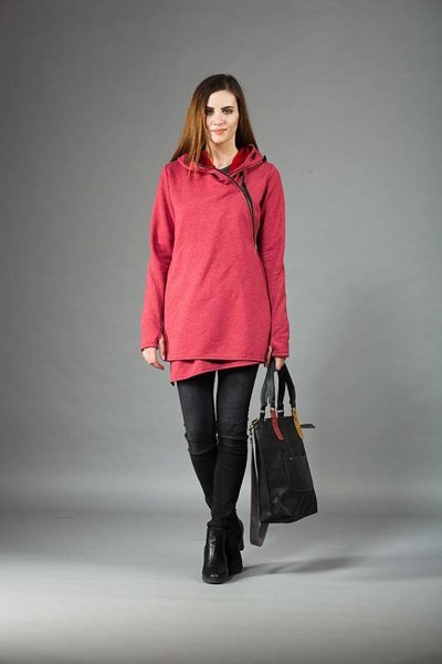 Bluza asymetryczna, malinowa bluza na zamek , bluza z kapturem