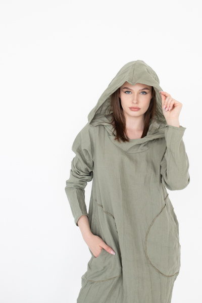 Sukienka lniana z długim rękawem i wielkim kapturem, polski len, polska produkcja, autorski wzór sukienki z lnu