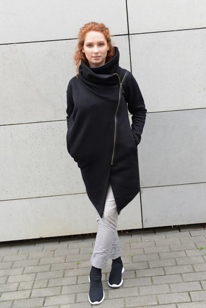 Asymetryczna bluza damska czarna na zamek , płaszcz czarny, bawełniana bluza