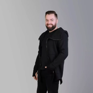 Bluza czarna męska z kapturem asymetryczna bawełniana, długa bluza na zamek męska , czarna bluza męska z kapturem w szpic , duże rozmiary, polski produkt, polski projektant