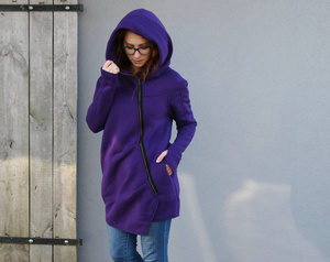 Bluza asymetryczna, płaszcz damski fioletowy