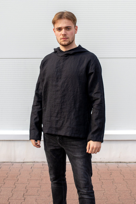 Tunika męska lniana, bluza czarna lniana, męska koszula z kapturem