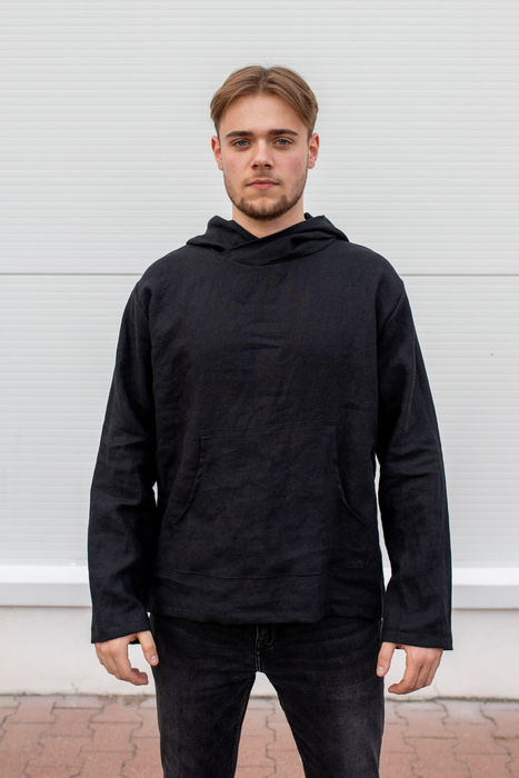 bluza męska z lnu czarnego, tunika lniana męska , czarna koszula męska lniana, czarna bluza z kapturem męska z polskiego lnu