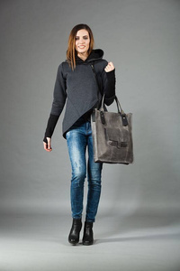 Torba skórzana, torba shopperka, szara duża torba handmade, damska aktówka
