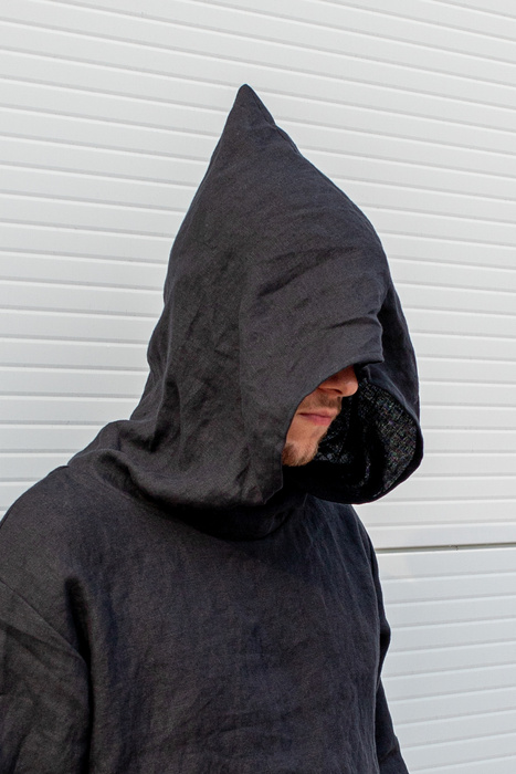 Tunika męska lniana, bluza czarna lniana, męska koszula z kapturem