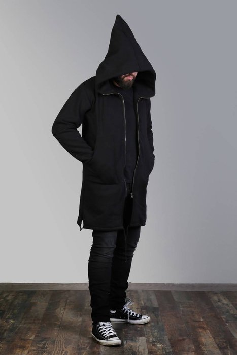 Bluza czarna męska z kapturem długa, Płaszcz męski na zamek