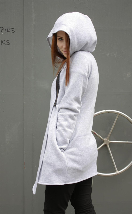 Bluza lużna damska na zamek , bluza kopertowa z kapturem jasnoszara bawełniana, długa bluza , płaszcz z dzianiny