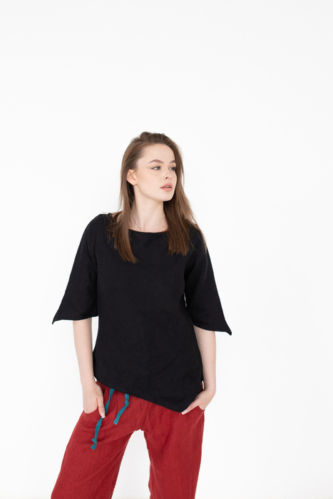 bluzka lniana ,tunika lniana, koszulka lniana, polski len z certyfikatem , czarny len,100% len, miękki kreszowany, polska marka